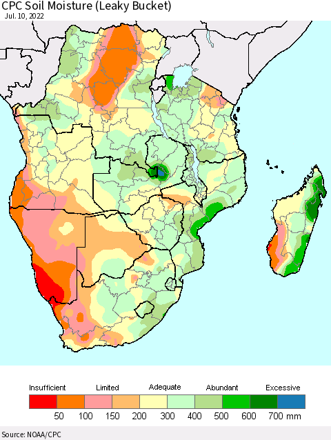 Southern Africa CPC Soil Moisture (Leaky Bucket) Thematic Map For 7/6/2022 - 7/10/2022