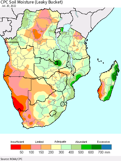 Southern Africa CPC Soil Moisture (Leaky Bucket) Thematic Map For 7/16/2022 - 7/20/2022