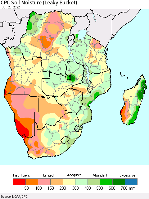 Southern Africa CPC Soil Moisture (Leaky Bucket) Thematic Map For 7/21/2022 - 7/25/2022