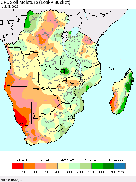 Southern Africa CPC Soil Moisture (Leaky Bucket) Thematic Map For 7/26/2022 - 7/31/2022