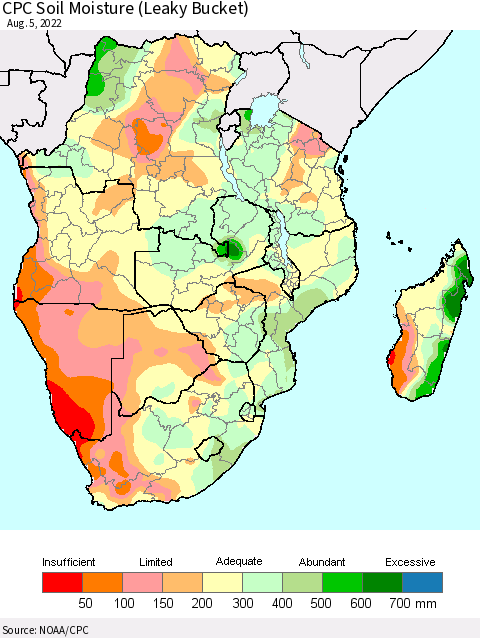 Southern Africa CPC Soil Moisture (Leaky Bucket) Thematic Map For 8/1/2022 - 8/5/2022