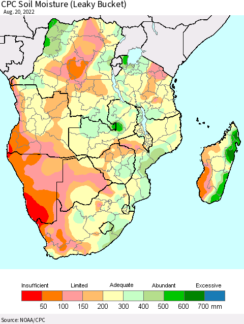 Southern Africa CPC Soil Moisture (Leaky Bucket) Thematic Map For 8/16/2022 - 8/20/2022