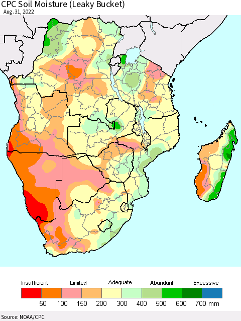 Southern Africa CPC Soil Moisture (Leaky Bucket) Thematic Map For 8/26/2022 - 8/31/2022
