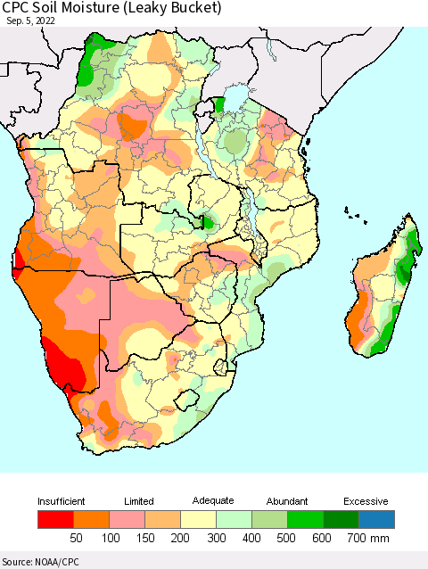 Southern Africa CPC Soil Moisture (Leaky Bucket) Thematic Map For 9/1/2022 - 9/5/2022