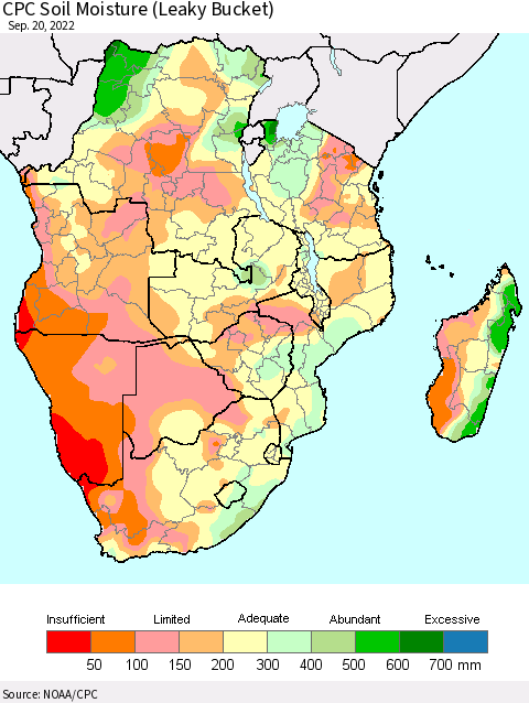 Southern Africa CPC Soil Moisture (Leaky Bucket) Thematic Map For 9/16/2022 - 9/20/2022