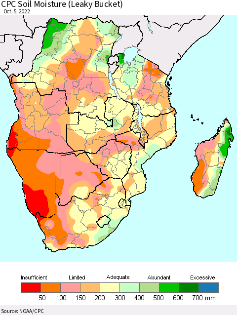 Southern Africa CPC Soil Moisture (Leaky Bucket) Thematic Map For 10/1/2022 - 10/5/2022