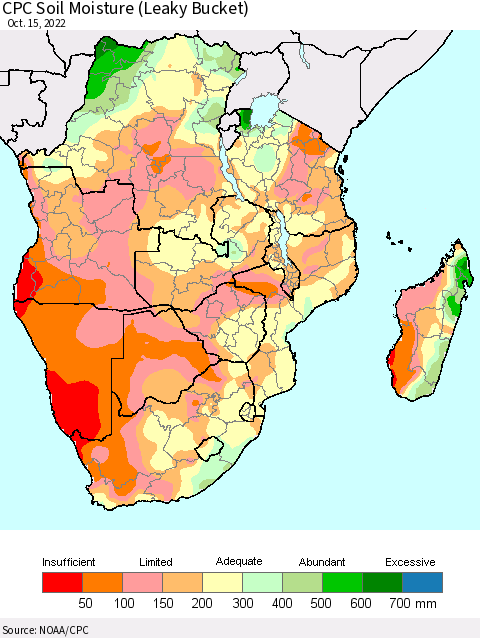 Southern Africa CPC Soil Moisture (Leaky Bucket) Thematic Map For 10/11/2022 - 10/15/2022