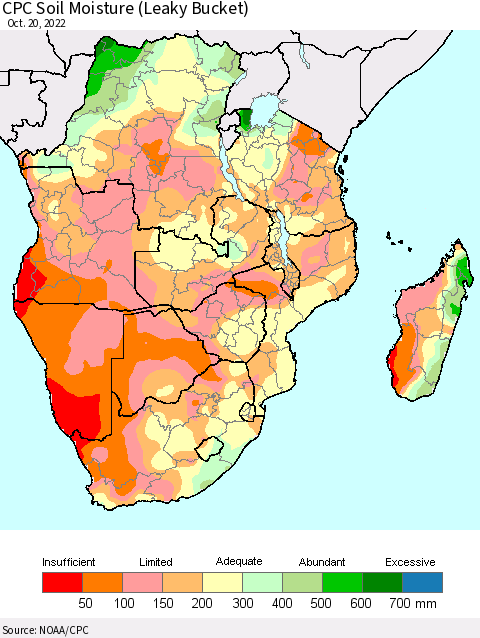Southern Africa CPC Soil Moisture (Leaky Bucket) Thematic Map For 10/16/2022 - 10/20/2022