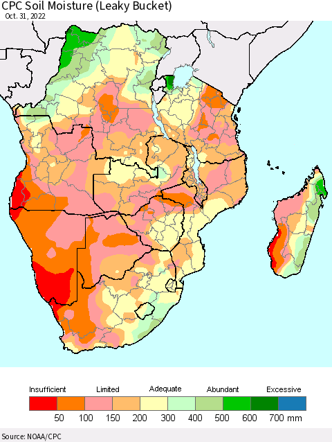 Southern Africa CPC Soil Moisture (Leaky Bucket) Thematic Map For 10/26/2022 - 10/31/2022