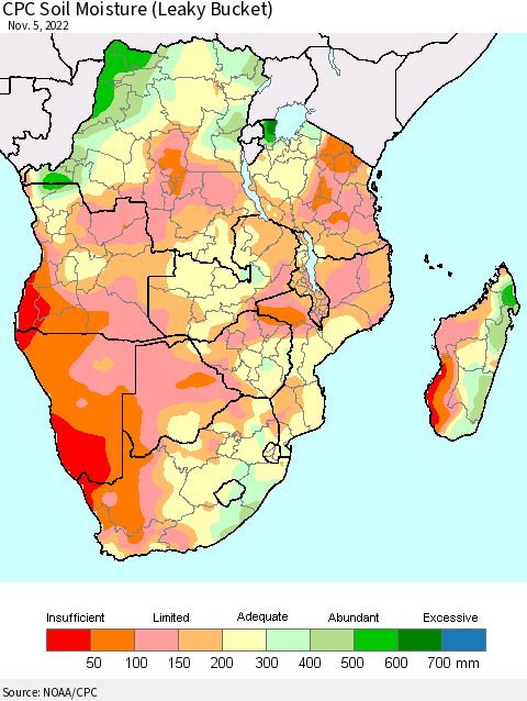 Southern Africa CPC Soil Moisture (Leaky Bucket) Thematic Map For 11/1/2022 - 11/5/2022