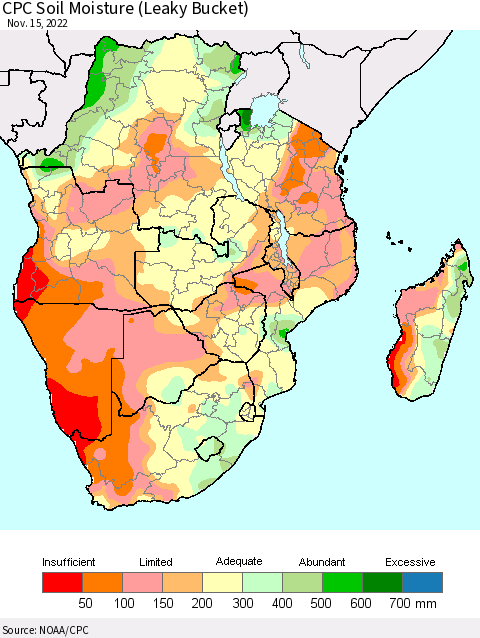 Southern Africa CPC Soil Moisture (Leaky Bucket) Thematic Map For 11/11/2022 - 11/15/2022