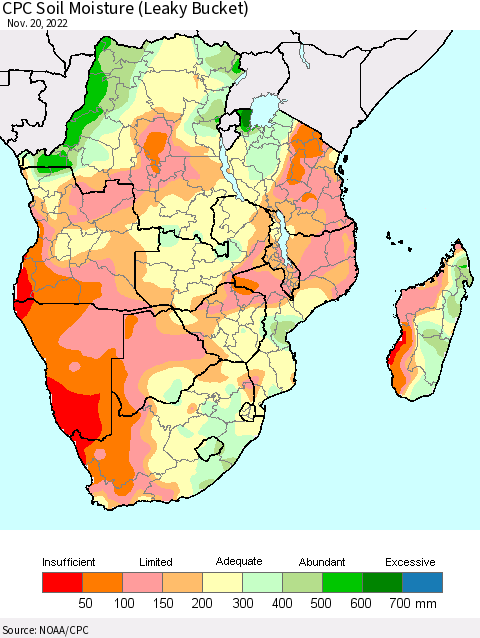 Southern Africa CPC Soil Moisture (Leaky Bucket) Thematic Map For 11/16/2022 - 11/20/2022