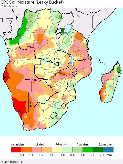 Southern Africa CPC Soil Moisture (Leaky Bucket) Thematic Map For 11/21/2022 - 11/25/2022