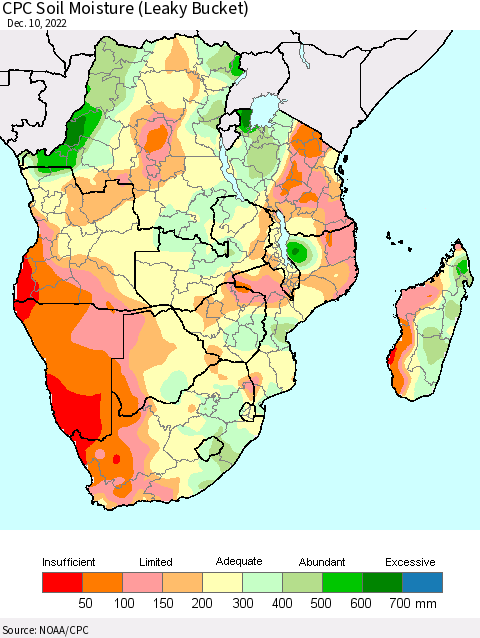 Southern Africa CPC Soil Moisture (Leaky Bucket) Thematic Map For 12/6/2022 - 12/10/2022