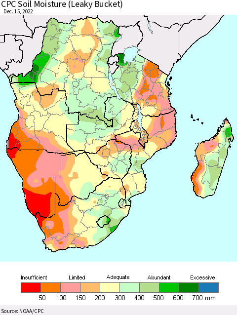 Southern Africa CPC Soil Moisture (Leaky Bucket) Thematic Map For 12/11/2022 - 12/15/2022