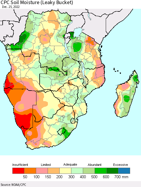 Southern Africa CPC Soil Moisture (Leaky Bucket) Thematic Map For 12/21/2022 - 12/25/2022