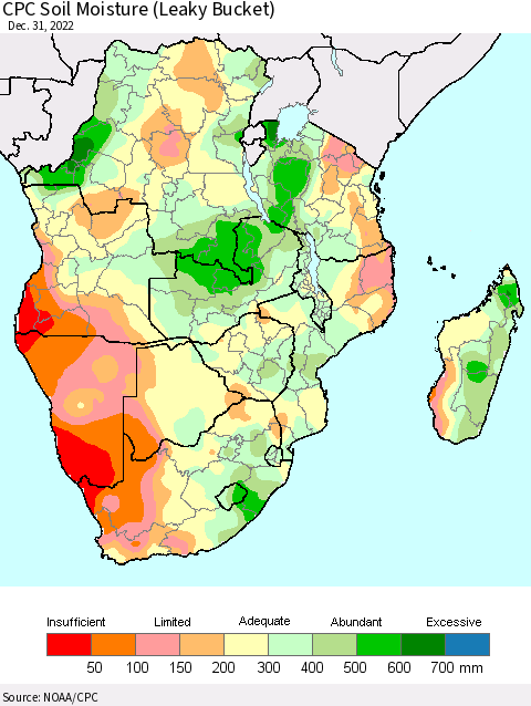 Southern Africa CPC Soil Moisture (Leaky Bucket) Thematic Map For 12/26/2022 - 12/31/2022