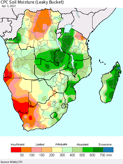 Southern Africa CPC Soil Moisture (Leaky Bucket) Thematic Map For 4/1/2023 - 4/5/2023