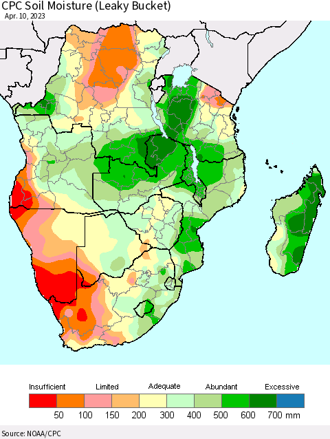 Southern Africa CPC Soil Moisture (Leaky Bucket) Thematic Map For 4/6/2023 - 4/10/2023