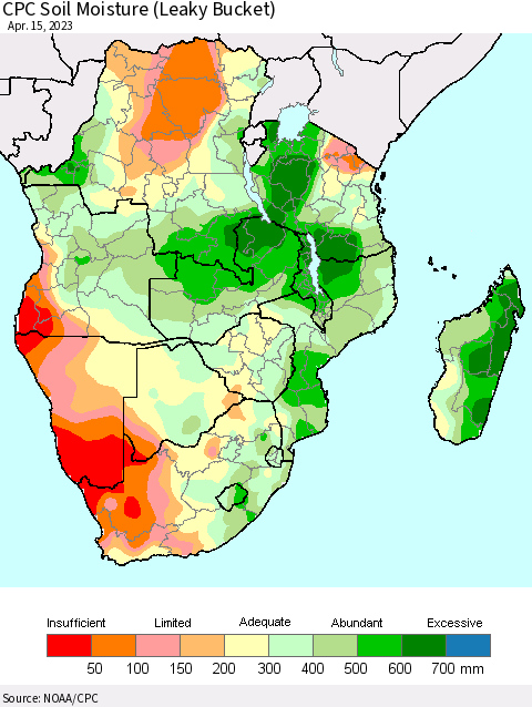 Southern Africa CPC Soil Moisture (Leaky Bucket) Thematic Map For 4/11/2023 - 4/15/2023
