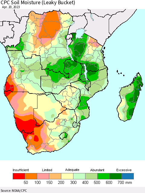 Southern Africa CPC Soil Moisture (Leaky Bucket) Thematic Map For 4/16/2023 - 4/20/2023