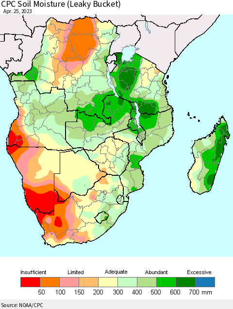 Southern Africa CPC Soil Moisture (Leaky Bucket) Thematic Map For 4/21/2023 - 4/25/2023