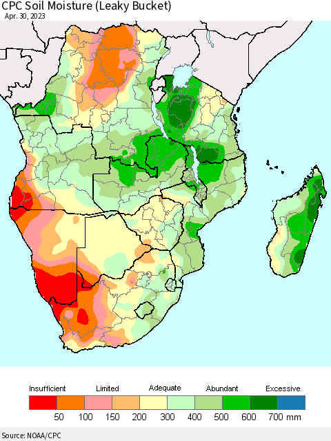 Southern Africa CPC Soil Moisture (Leaky Bucket) Thematic Map For 4/26/2023 - 4/30/2023