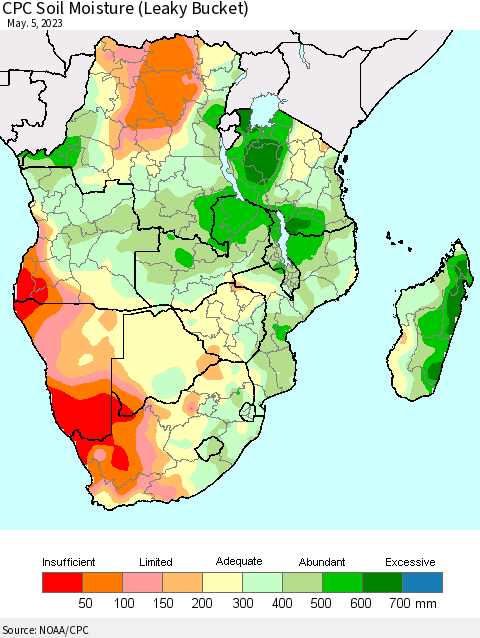 Southern Africa CPC Soil Moisture (Leaky Bucket) Thematic Map For 5/1/2023 - 5/5/2023