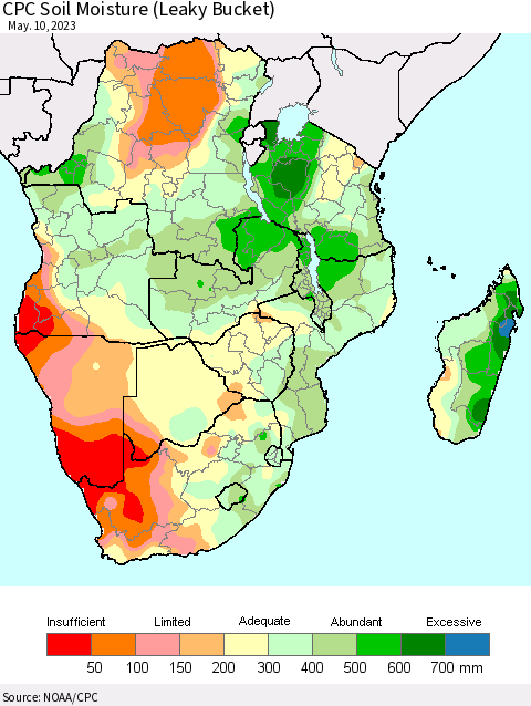 Southern Africa CPC Soil Moisture (Leaky Bucket) Thematic Map For 5/6/2023 - 5/10/2023