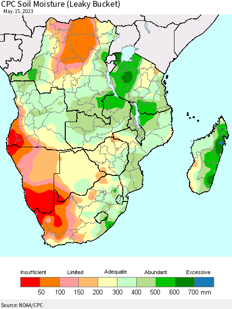 Southern Africa CPC Soil Moisture (Leaky Bucket) Thematic Map For 5/11/2023 - 5/15/2023