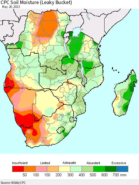 Southern Africa CPC Soil Moisture (Leaky Bucket) Thematic Map For 5/16/2023 - 5/20/2023
