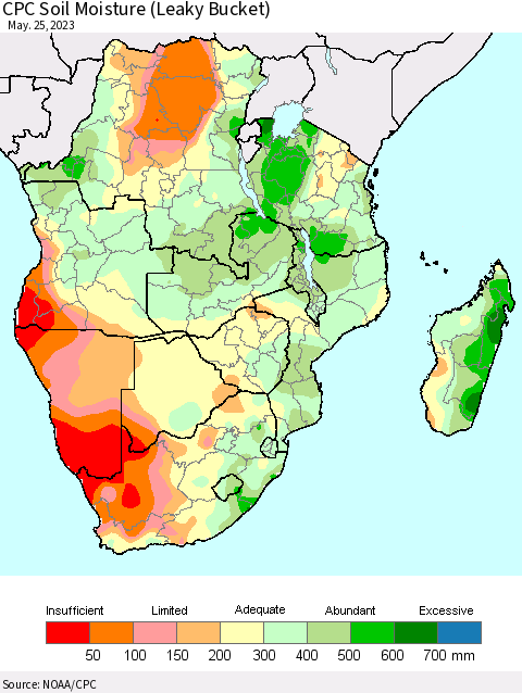 Southern Africa CPC Soil Moisture (Leaky Bucket) Thematic Map For 5/21/2023 - 5/25/2023