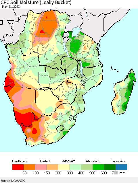 Southern Africa CPC Soil Moisture (Leaky Bucket) Thematic Map For 5/26/2023 - 5/31/2023