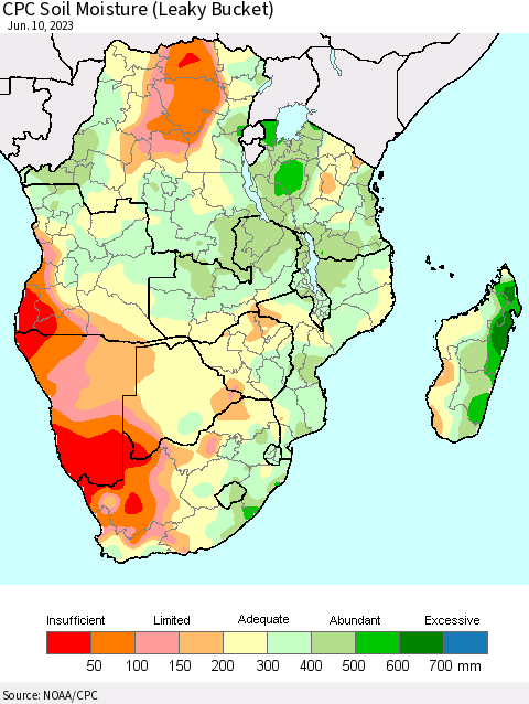 Southern Africa CPC Soil Moisture (Leaky Bucket) Thematic Map For 6/6/2023 - 6/10/2023