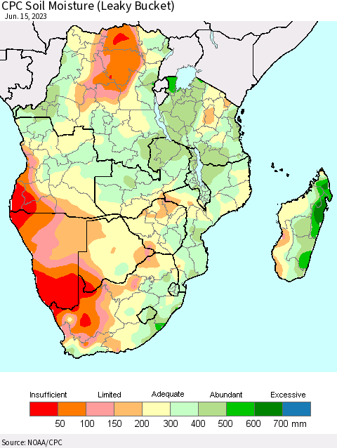 Southern Africa CPC Soil Moisture (Leaky Bucket) Thematic Map For 6/11/2023 - 6/15/2023