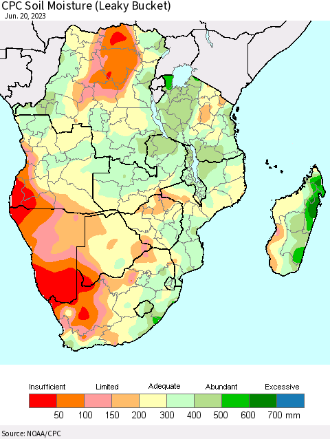 Southern Africa CPC Soil Moisture (Leaky Bucket) Thematic Map For 6/16/2023 - 6/20/2023