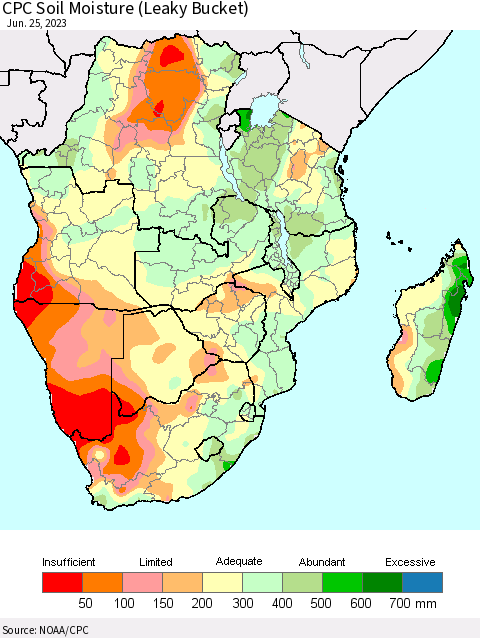 Southern Africa CPC Soil Moisture (Leaky Bucket) Thematic Map For 6/21/2023 - 6/25/2023