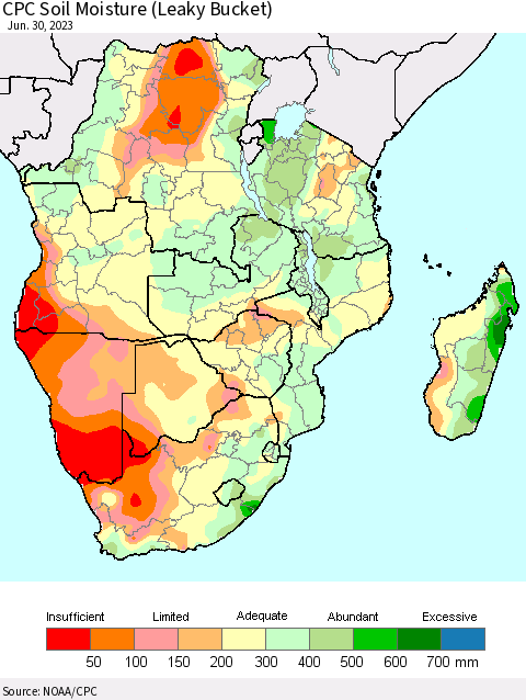 Southern Africa CPC Soil Moisture (Leaky Bucket) Thematic Map For 6/26/2023 - 6/30/2023