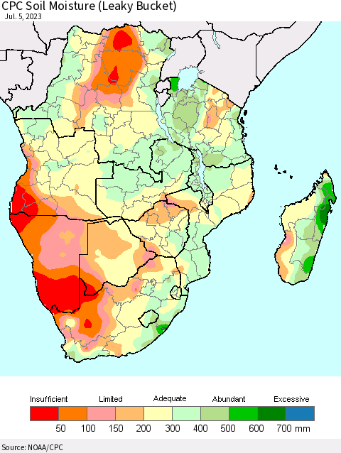Southern Africa CPC Soil Moisture (Leaky Bucket) Thematic Map For 7/1/2023 - 7/5/2023