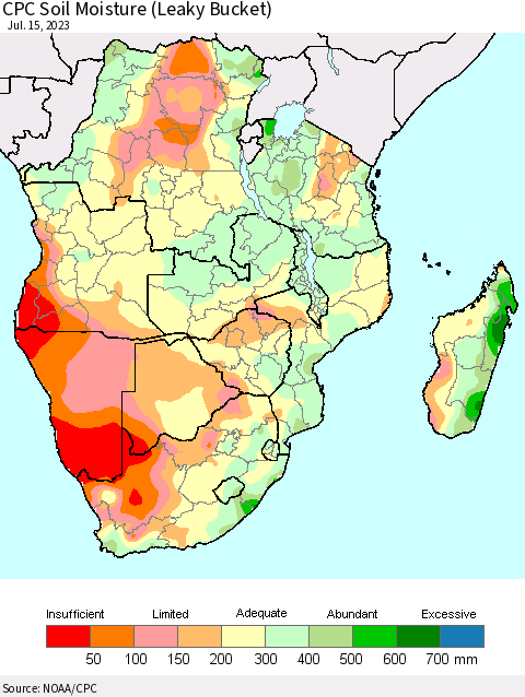 Southern Africa CPC Soil Moisture (Leaky Bucket) Thematic Map For 7/11/2023 - 7/15/2023