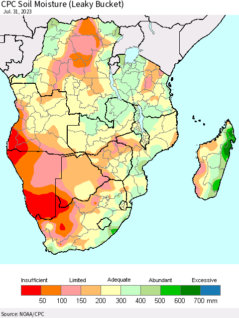 Southern Africa CPC Soil Moisture (Leaky Bucket) Thematic Map For 7/26/2023 - 7/31/2023