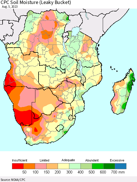 Southern Africa CPC Soil Moisture (Leaky Bucket) Thematic Map For 8/1/2023 - 8/5/2023