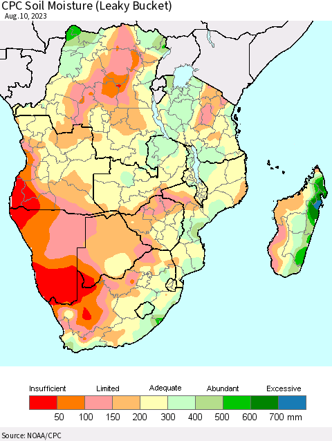 Southern Africa CPC Soil Moisture (Leaky Bucket) Thematic Map For 8/6/2023 - 8/10/2023