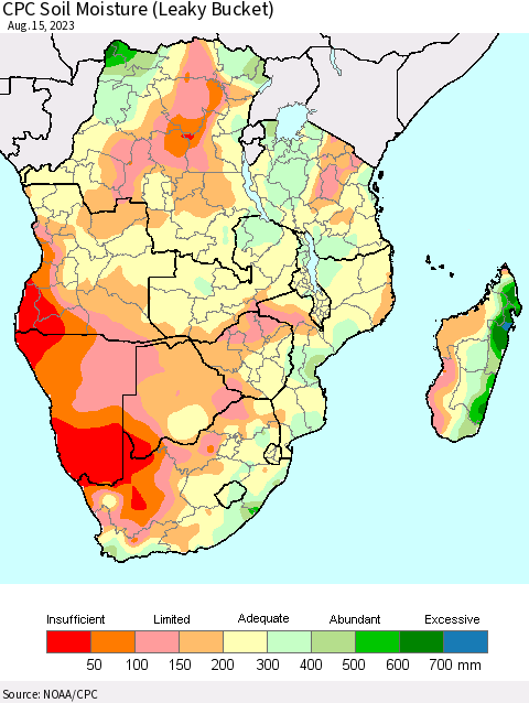 Southern Africa CPC Soil Moisture (Leaky Bucket) Thematic Map For 8/11/2023 - 8/15/2023