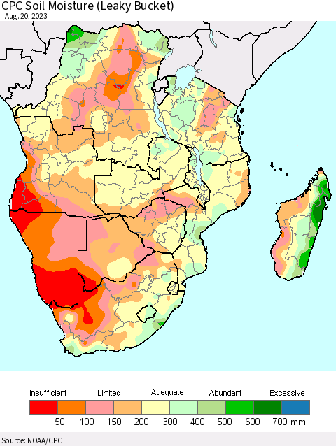 Southern Africa CPC Soil Moisture (Leaky Bucket) Thematic Map For 8/16/2023 - 8/20/2023