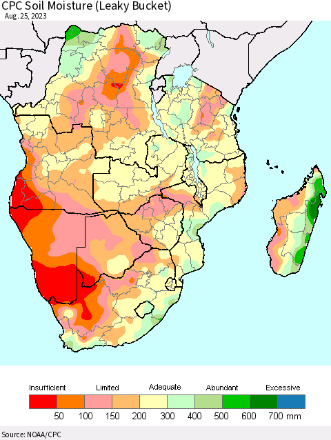 Southern Africa CPC Soil Moisture (Leaky Bucket) Thematic Map For 8/21/2023 - 8/25/2023