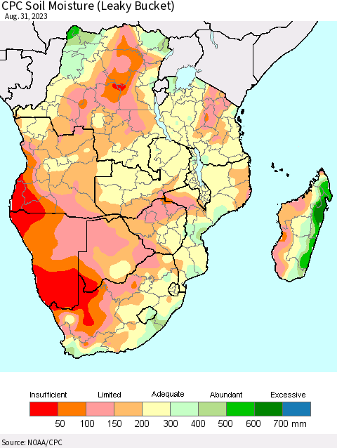 Southern Africa CPC Soil Moisture (Leaky Bucket) Thematic Map For 8/26/2023 - 8/31/2023