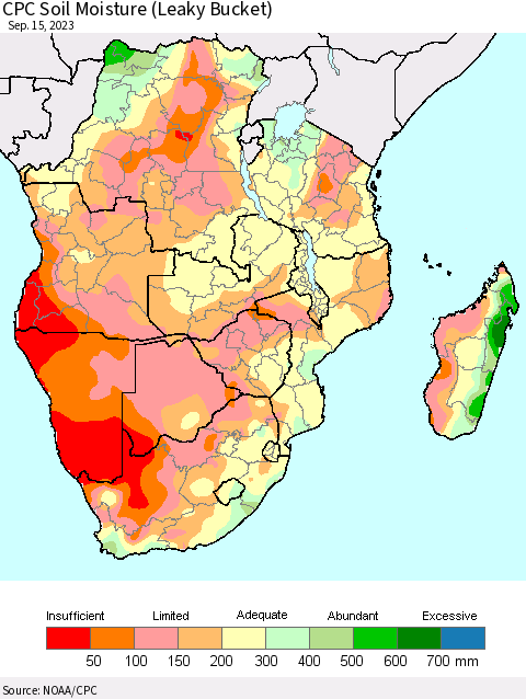 Southern Africa CPC Soil Moisture (Leaky Bucket) Thematic Map For 9/11/2023 - 9/15/2023