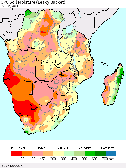 Southern Africa CPC Soil Moisture (Leaky Bucket) Thematic Map For 9/21/2023 - 9/25/2023