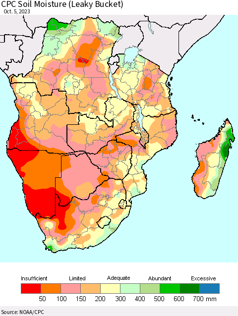 Southern Africa CPC Soil Moisture (Leaky Bucket) Thematic Map For 10/1/2023 - 10/5/2023